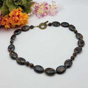 Golden Aqua Quartz  Beaded Collar Necklace 22" Gold Tone Toggle Clasp Statement
